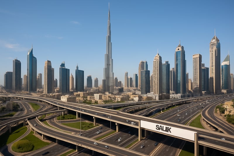 Dubai cityscape with major roads and Salik toll gate Dubai cityscape with major roads and Salik toll gate