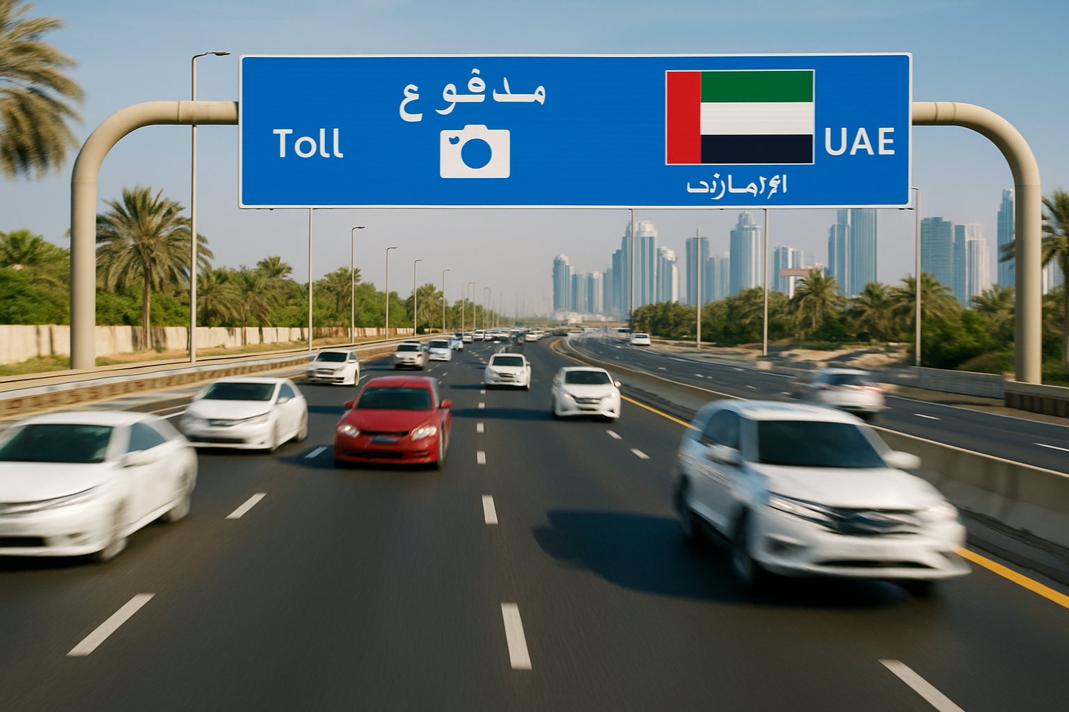 Fast-moving vehicles on a well-maintained paid road in the UAE