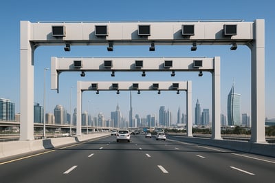 Modern highway in Dubai with electronic toll gates Modern highway in Dubai with electronic toll gates